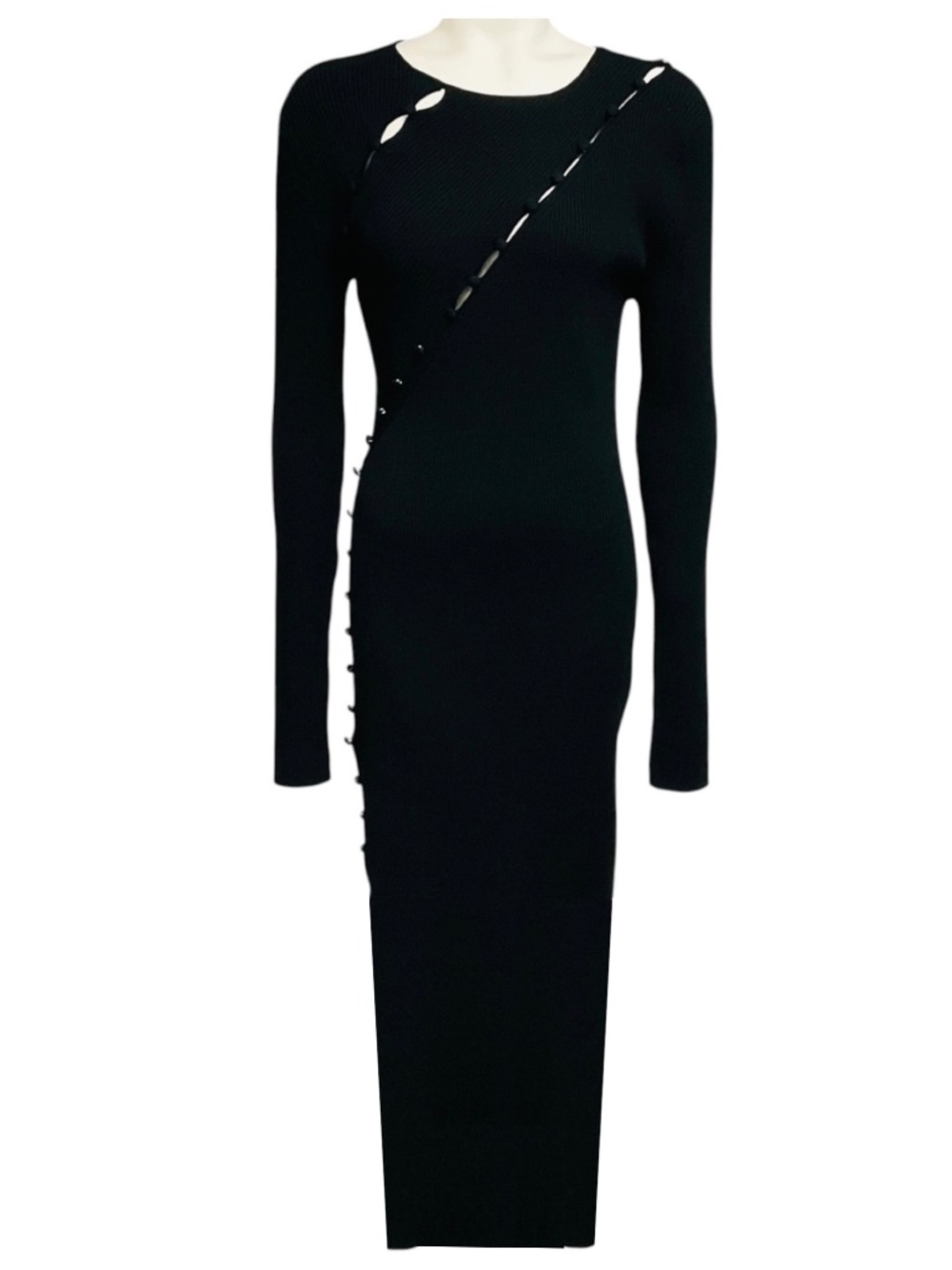 ALTUZARRA BLACK LONG SLEEVED RIBBED KNIT MIDI DRESS